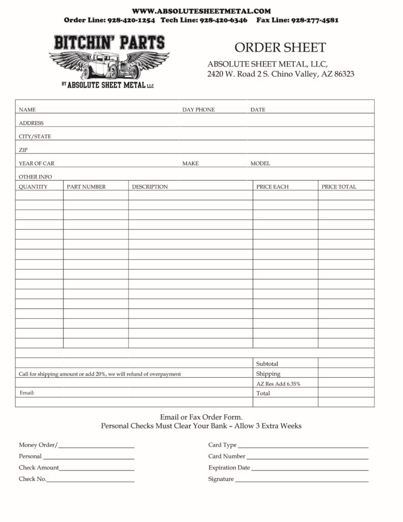 Bitchin Parts Absolute Sheet Metal Order Form